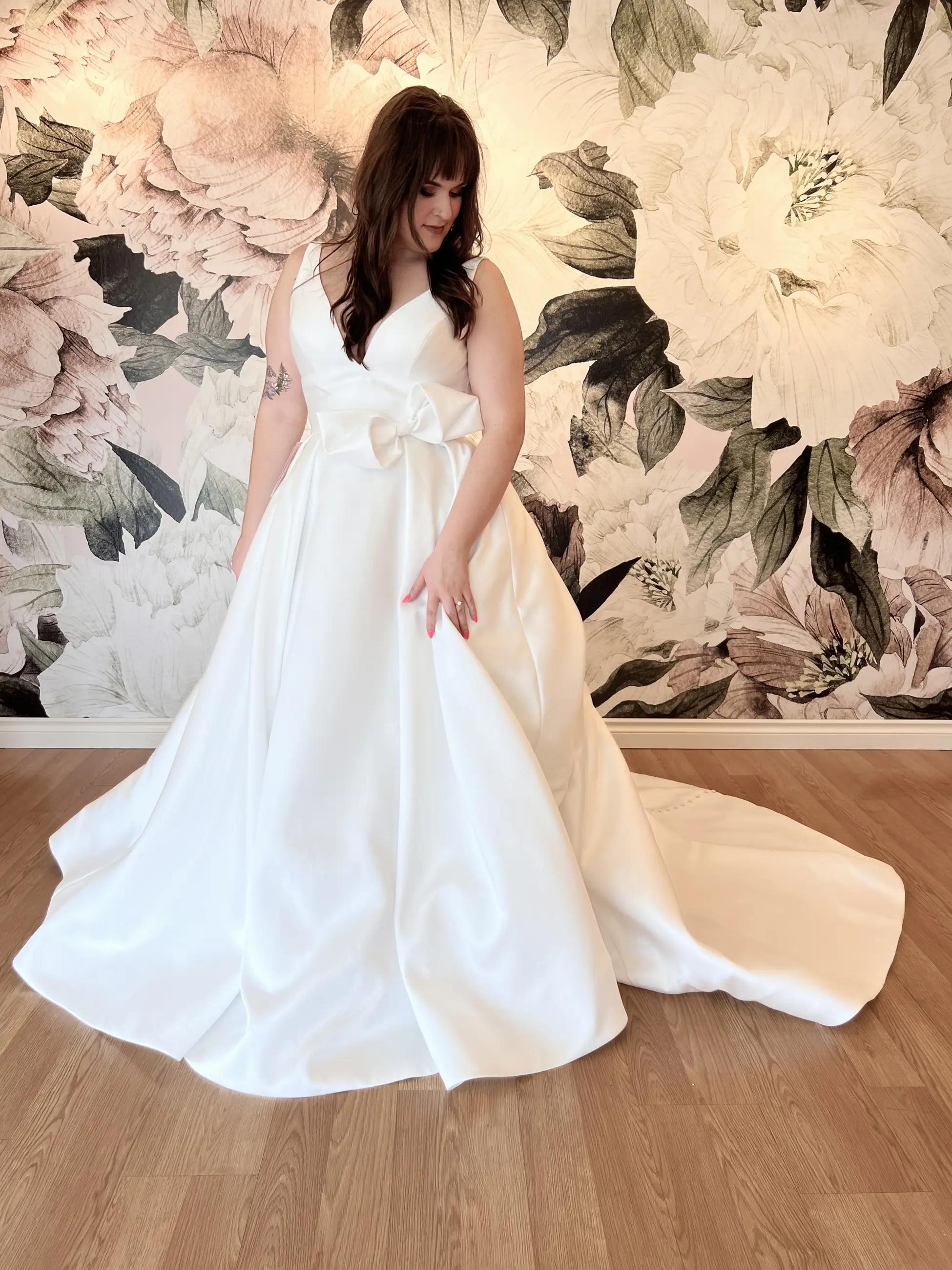 Simple A-line Wedding Dress with V-neckline and Bow Detail