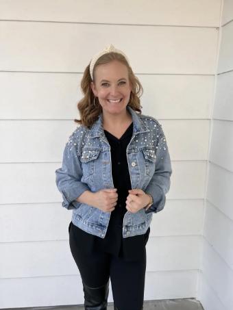 Charlotte's Style Classic Pearl and Rhinestone Studded Jean Jacket with Wifey Embroidery #1 thumbnail
