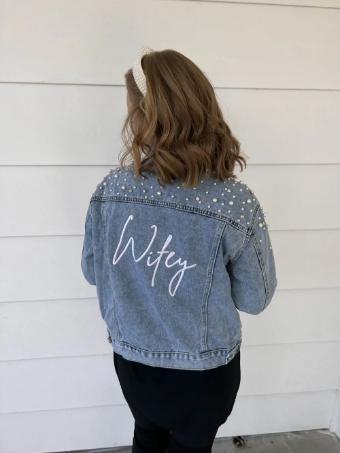 Charlotte's Style Classic Pearl and Rhinestone Studded Jean Jacket with Wifey Embroidery #0 default thumbnail